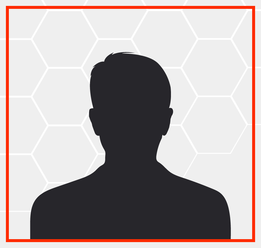 Silhouette of a person's head and shoulders against a hexagonal patterned background bordered by a red frame.