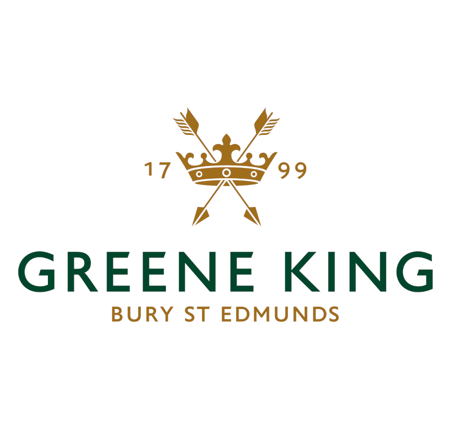 Logo of Greene King, featuring a crown with arrows crossed beneath it and the year 1799, followed by "Greene King" and "Bury St Edmunds.